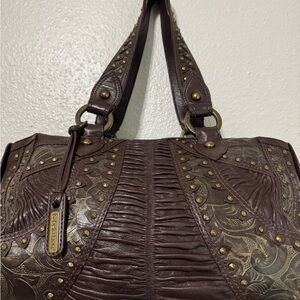 Isabella Fiore Dark Brown Embossed Leather Studded Shoulder satchel